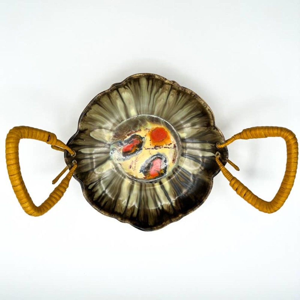 Likely Carstens Bowl West Germany Art Pottery Lava Glaze w Wicker Handles